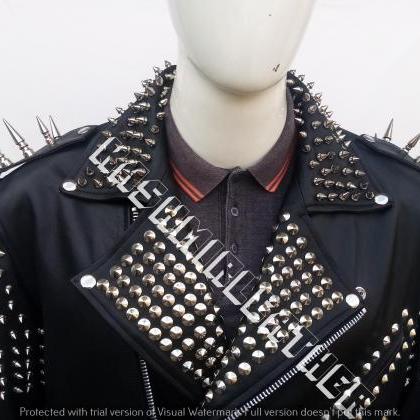 Mens Black Silver Long Spiked Studded Punk Rock..
