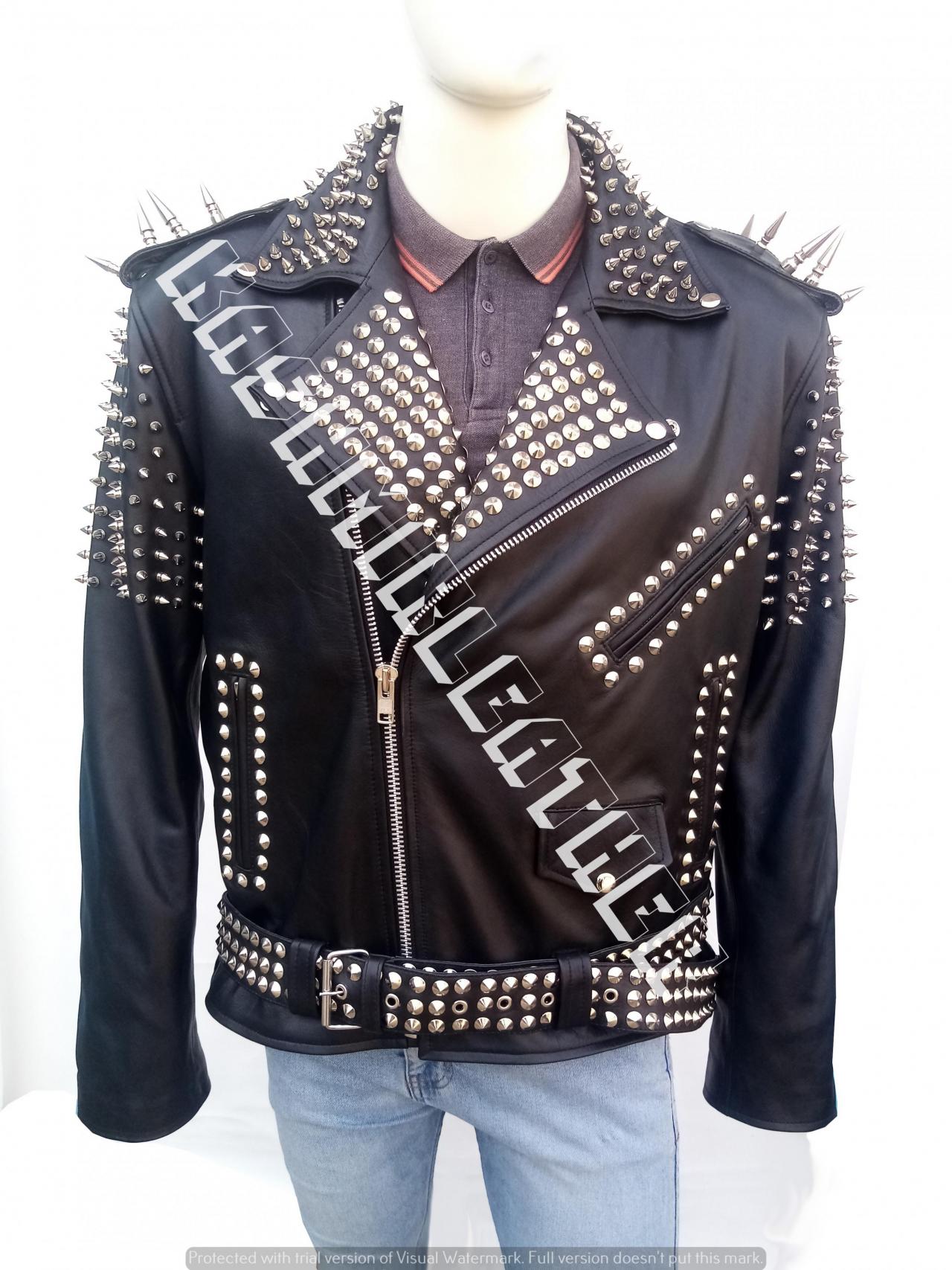 Mens Black Silver Long Spiked Studded Punk Rock Brando Style Cowhide Biker Leather Jacket Belted