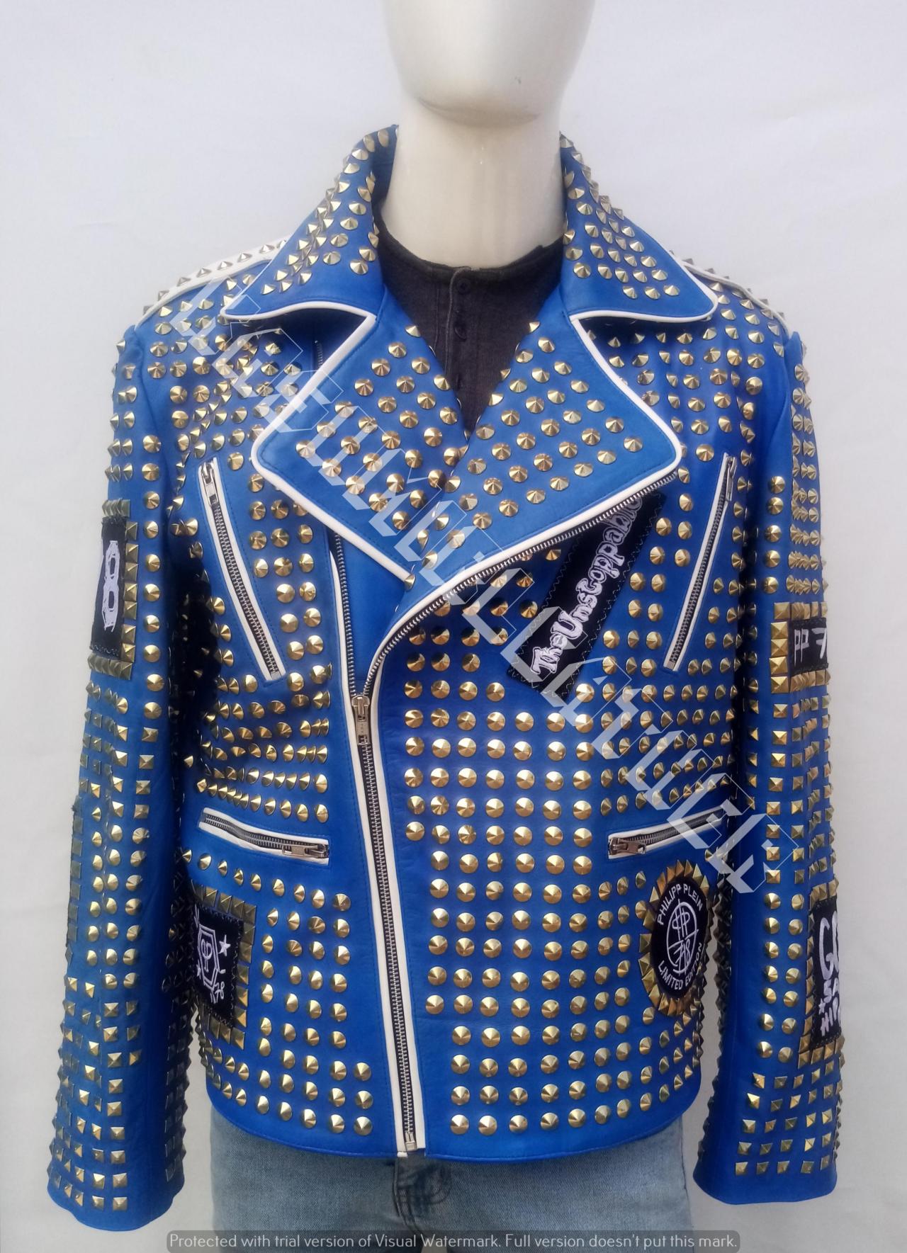 Mens Blue Full Golden Studded Brando Style Embroidery Patches Punk Unique Cowhide Biker Leather Jacket